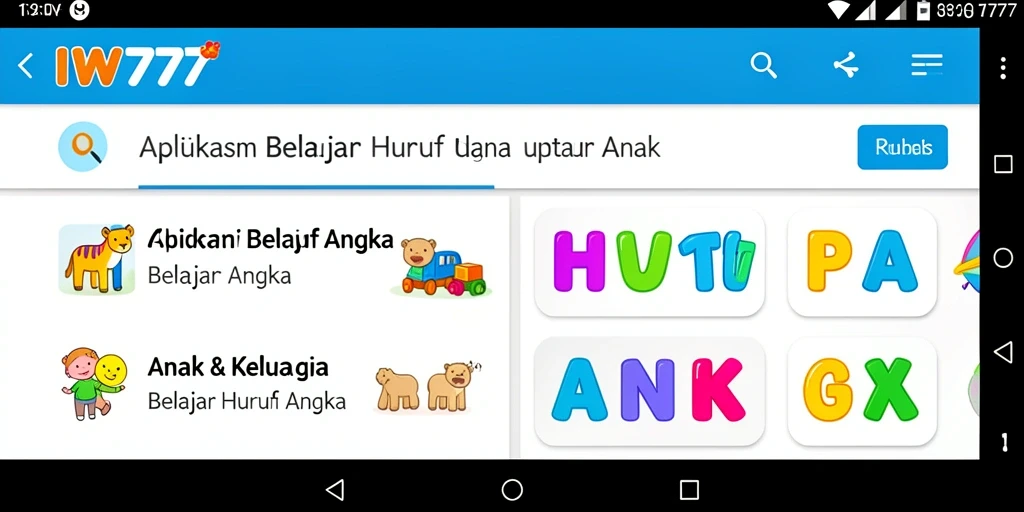 Tampilan menarik aplikasi IW777 untuk belajar huruf dan angka.